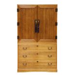 (lot of 2) Japanese clothing tansu (Isho dansu) of paulownia wood, hinged double doors to the