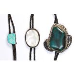 (Lot of 3) Native American multi-stone, silver bolo ties Including 1) mother-of-pearl, silver,