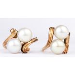 (Lot of 2) Cultured pearl, 14k yellow gold rings Including 1) ring, featuring (2) 8.0 mm, cultured