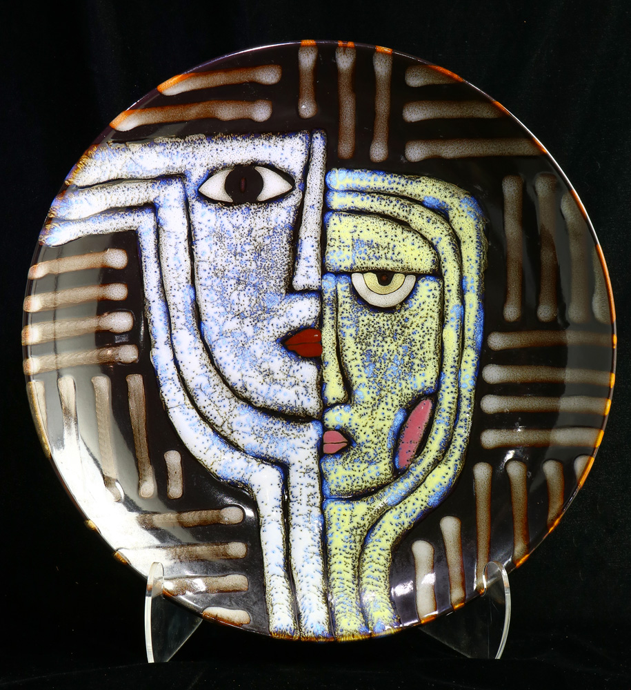 Ceramic charger, decorated with abstract geometric figures, 16"dia.
