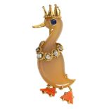 Cartier agate, diamond, sapphire, coral, and 18k yellow gold crowned duck brooch Designed as a