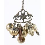 Gerson silverplate chatelaine mounted with fruit, a pipe and a carved wood hand