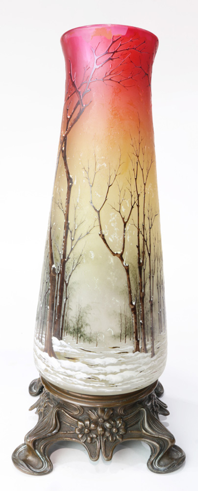 A French Art Nouveau cameo glass vase, executed in four colors, depicting a winter landscape, with - Image 2 of 7