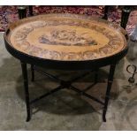 French tole decorated tray on stand, the oval form with a Classical decorated top above the later