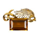 Citrine, diamond, 18k yellow gold, platinum brooch Featuring (1) emerald-cut citrine, weighing