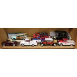 (lot of 9) Assortment of model cars, including tow trucks, a woody wagon, Mercedes 300SC, a 1910