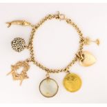 Enamel, glass, gold charm bracelet The 10k open link chain, suspends the following: 1) Enos
