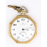 14k yellow gold open face pocket watch Dial: round, white, black Arabic numerals, black outer