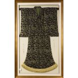 Japanese framed kimono art, black silk with small multiple flowers, lower right written "kimono"