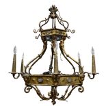 A continental patinated bronze six light chandelier executed in the Renaissance taste, the tiered