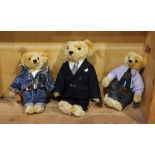 (lot of 3) German Steiff Mohair Teddy Bear group, each with fitted clothes, largest: 14"h