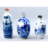 (Lot of 3) Three Chinese blue and white snuff bottles, the taller snuff bottle size: 3.5"h