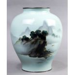 Japanese cloisonne vase, Ando, bulbous body with silver rim to the neck and foot, mountain and