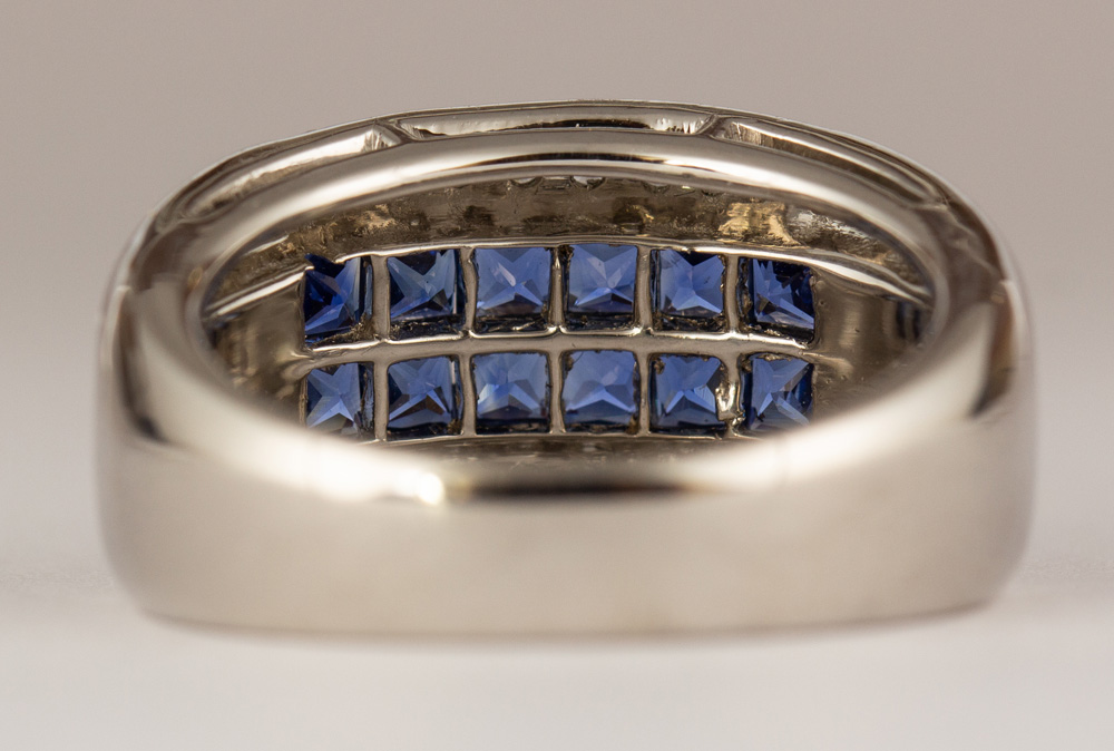Sapphire, diamond, platinum ring Featuring (12) French-cut sapphires, weighing a total of - Image 3 of 5