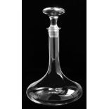 Modern clear glass decanter, having a circular stopper, 12.5"h