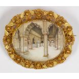 Victorian painted architectural miniature and 14k yellow gold brooch The central oval plaque