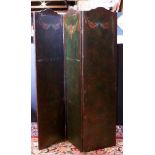 Arts and Crafts style leather three panel screen, each 16" panel having a stencil decorated floral
