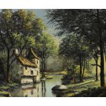 European School (20th century), "The Bend on the River," oil on canvas board, signed lower right,