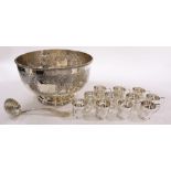 (lot of 13) An Edwardian EPNS hand chased plated punch bowl, decorated with bunches of grapes en