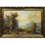 River Landscape with Figures in a Horsedrawn Buggy, oil on canvas, signed indistinctly lower left,