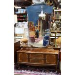Louis XVI style inlaid vanity, having a mirrored top, above the two drawer case, 68.5"h