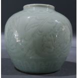 Korean celadon glazed vase, short neck above bulbous body, floral pattern, approx. 5.25"h