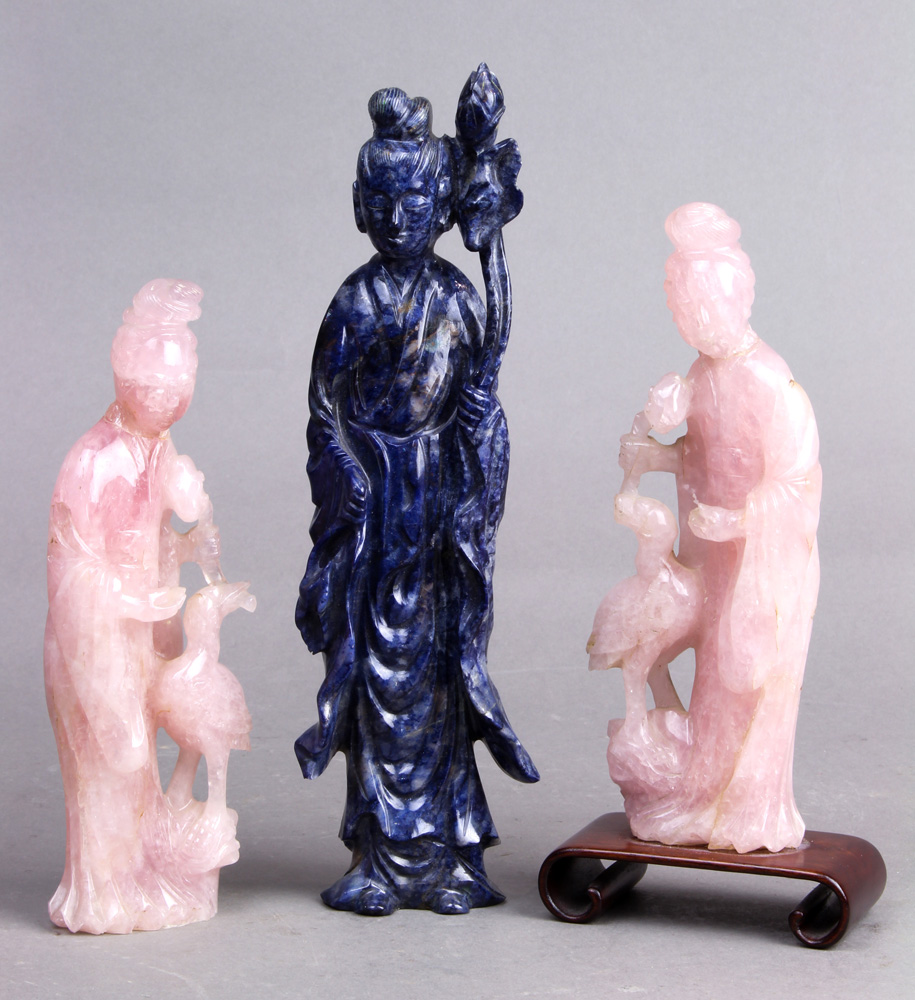 (Lot of 3) Three Chinese hardstone carvings, a pair of rose quartz figures of lady and bird,