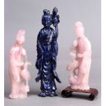 (Lot of 3) Three Chinese hardstone carvings, a pair of rose quartz figures of lady and bird,