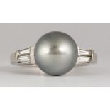 Tahitian cultured pearl, diamond, platinum ring Featuring (1) 10 mm Tahitian grey cultured pearl,