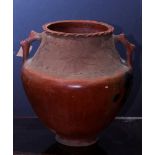 Central American redware ovoid vessel, having an incised floral decorated border with two applied