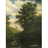 Ralph Albert Blakelock (American, 1847-1919), Trees by a Stream, oil on canvas, signed lower left,