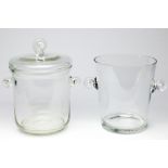 (lot of 2) Modern glass ice buckets, each having stylized handles, one having a lid, unsigned,