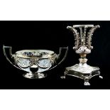 (lot of 2) Two Neoclassical style Sheffield plate centerpieces: an associated glass bowl on footed
