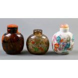 (Lot of 3) Three Chinese snuff bottles consisting of one inside-painted glass snuff bottle, one