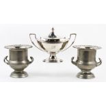 (lot of 3) Silver plate hollow ware group: a Gorham electroplate urn tureen 10"h; a pair footed