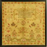 Framed needlework sampler, by Christana Hall aged 13, 1836, with floral border and scenic field,