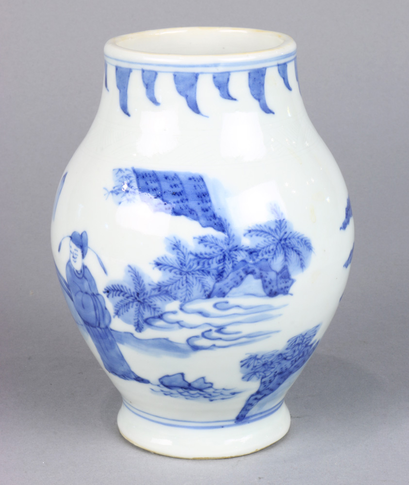 A Chinese blue and white vase, depicting official and attendant among the mountains and bridge, 6. - Image 3 of 6