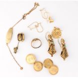 Collection of enamel, yellow gold, and gold filled jewelry Including 1) pair of 10k yellow gold disc