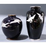 (lot of 2) Japanese black cloisonne vases: short neck above ovoid body, one on bulbous body, both