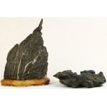 (lot of 2) Chinese scholar's rocks: one triangular shape with a wooden stand, the other flat shaped,