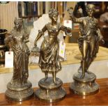 (lot of 3) Continental cast metal figural group, each in period attire and rising on a round stepped