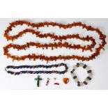 Collection of multi-stone bead jewelry Including 1) tumbled amber bead, 56 inch necklace; 1)