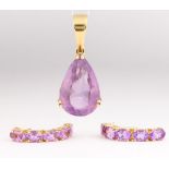 Amethyst, yellow gold jewelry suite Including 1) pendant, featuring (1) pear-cut amethyst,