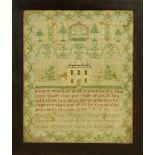 Framed needlework sampler executed by Elizabeth Meredith Norfolk September 1808, centered with a