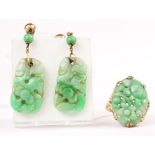 Jadeite, yellow gold jewelry suite Including (1) carved and pierced jadeite, 14k yellow gold ring,