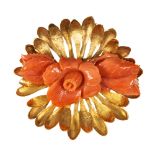 Coral, 14k yellow gold flower booch Centering (1) carved coral flower, measuring approximately 50