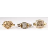 (Lot of 3) Diamond, 14k yellow gold, sterling silver rings Including 1) diamond, 14k yellow gold