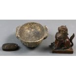 (Lot of 3) Two Chinese bronze carvings, together with an archaistic bowl. One is a carved foo dog,