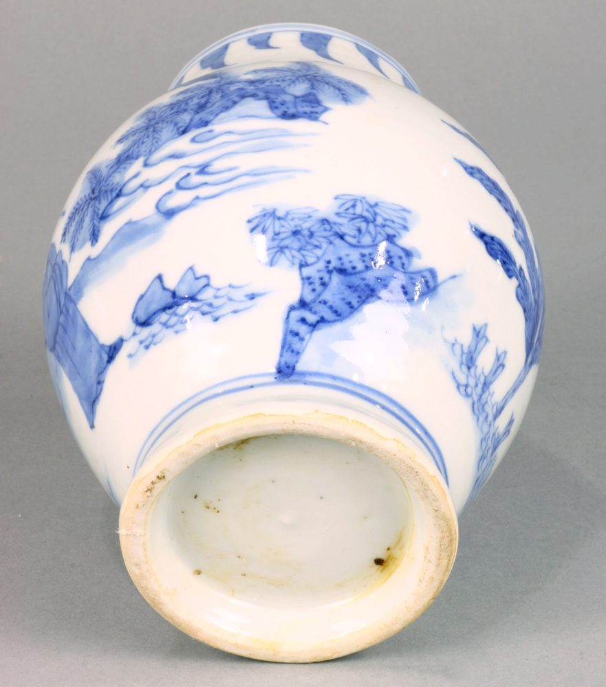 A Chinese blue and white vase, depicting official and attendant among the mountains and bridge, 6. - Image 6 of 6