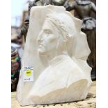 Alabaster relief carved bust depicting a Classical figure, overall 11"h x 9.5"w